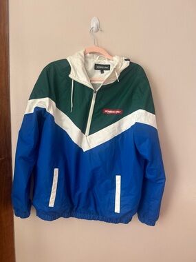 Members Only Windbreaker Jacket Mens L Blue Green Colorblock Hooded Lightweight